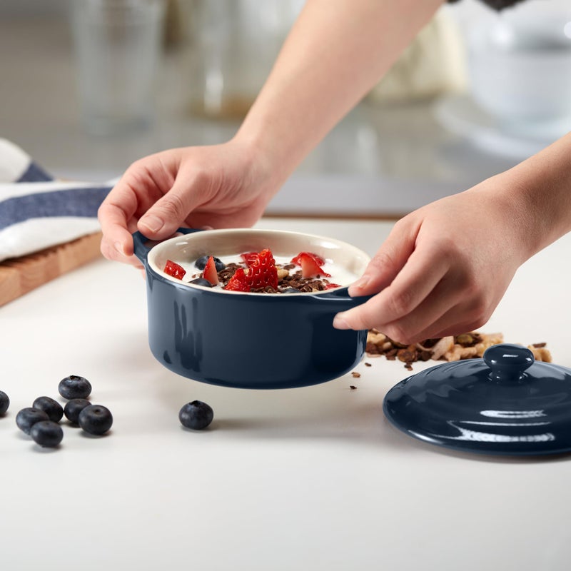 Kook Ceramic Mini Cocotte Set  Small Casserole Dishes with Lids and Handles  Individual Baking Ramekins  Oven  Microwave & Dishwasher Safe  Stoneware  12 oz  Set of 4 (Navy) - Image 5